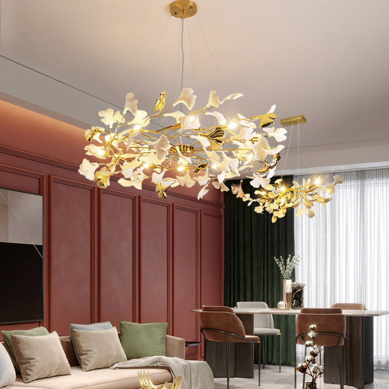 Traditional French Ginkgo Leaf Dome Rectangle Top Round Linear Iron Ceramic 6/8/10/12 Light Chandelier For Bedroom