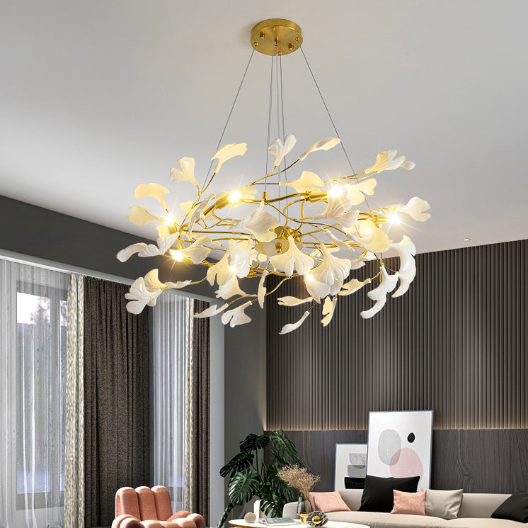 Traditional French Ginkgo Leaf Dome Rectangle Top Round Linear Iron Ceramic 6/8/10/12 Light Chandelier For Bedroom