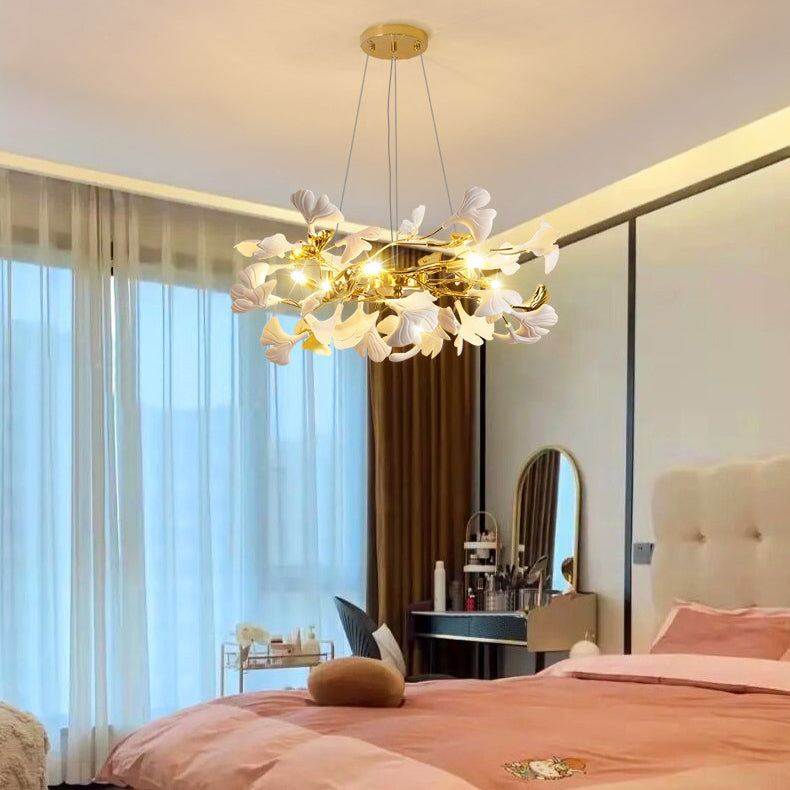 Traditional French Ginkgo Leaf Dome Rectangle Top Round Linear Iron Ceramic 6/8/10/12 Light Chandelier For Bedroom