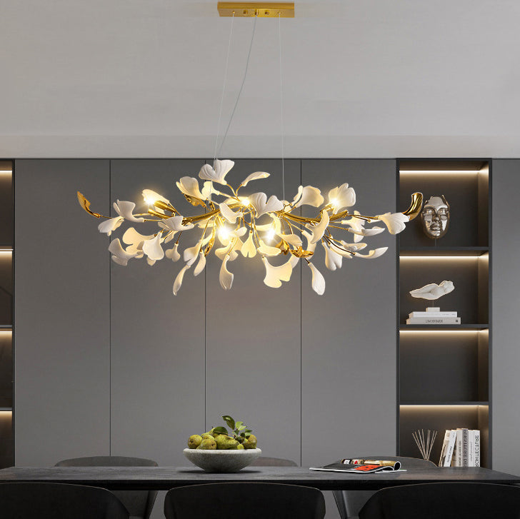 Traditional French Ginkgo Leaf Dome Rectangle Top Round Linear Iron Ceramic 6/8/10/12 Light Chandelier For Bedroom