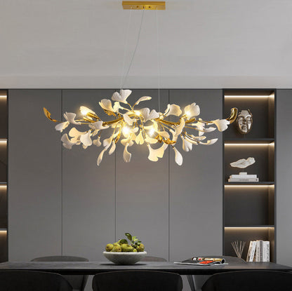 Traditional French Ginkgo Leaf Dome Rectangle Top Round Linear Iron Ceramic 6/8/10/12 Light Chandelier For Bedroom