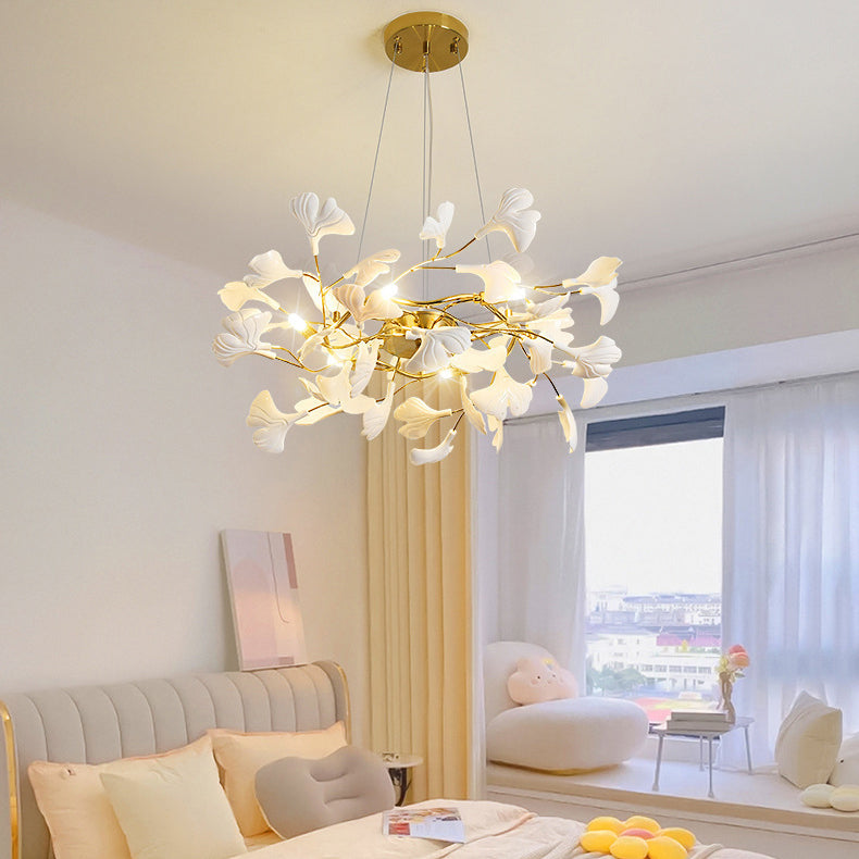 Traditional French Ginkgo Leaf Dome Rectangle Top Round Linear Iron Ceramic 6/8/10/12 Light Chandelier For Bedroom
