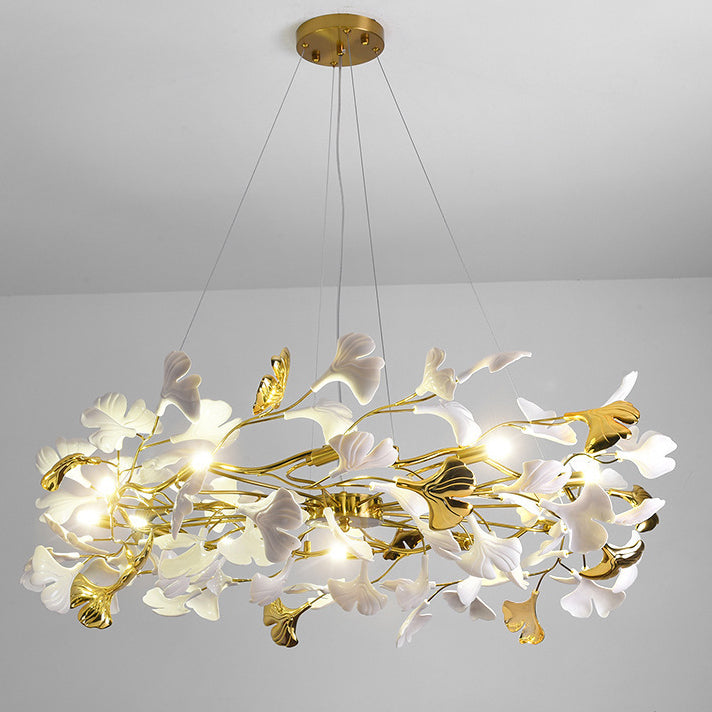 Traditional French Ginkgo Leaf Dome Rectangle Top Round Linear Iron Ceramic 6/8/10/12 Light Chandelier For Bedroom