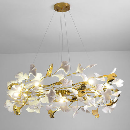 Traditional French Ginkgo Leaf Dome Rectangle Top Round Linear Iron Ceramic 6/8/10/12 Light Chandelier For Bedroom