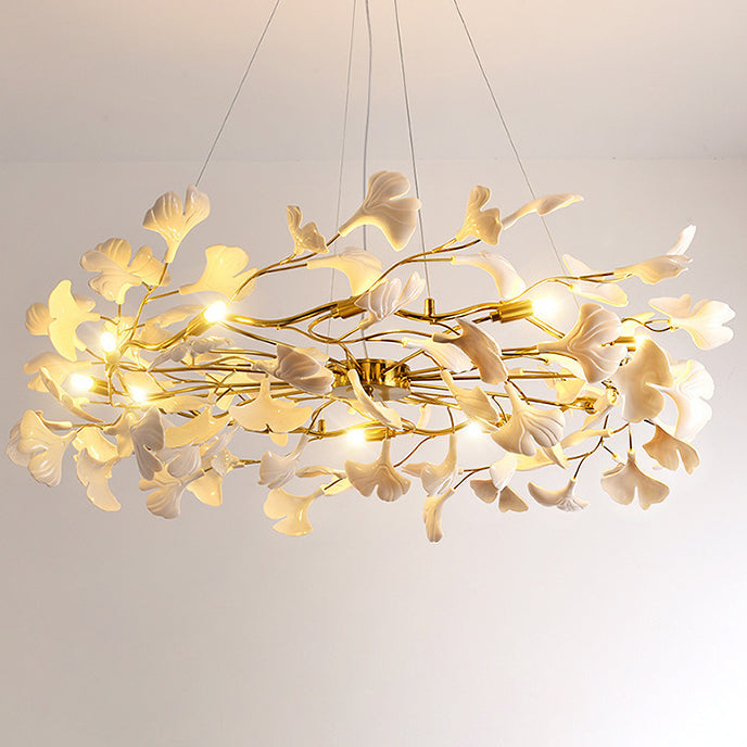 Traditional French Ginkgo Leaf Dome Rectangle Top Round Linear Iron Ceramic 6/8/10/12 Light Chandelier For Bedroom