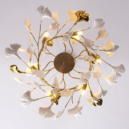 Traditional French Ginkgo Leaf Dome Rectangle Top Round Linear Iron Ceramic 6/8/10/12 Light Chandelier For Bedroom