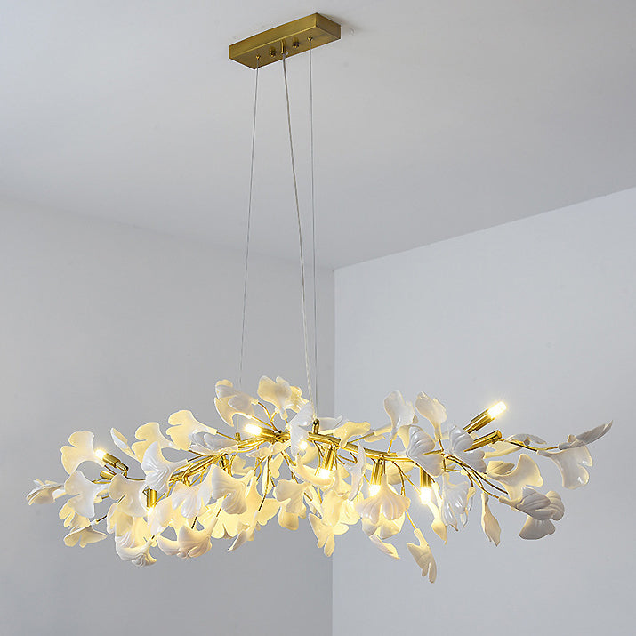 Traditional French Ginkgo Leaf Dome Rectangle Top Round Linear Iron Ceramic 6/8/10/12 Light Chandelier For Bedroom