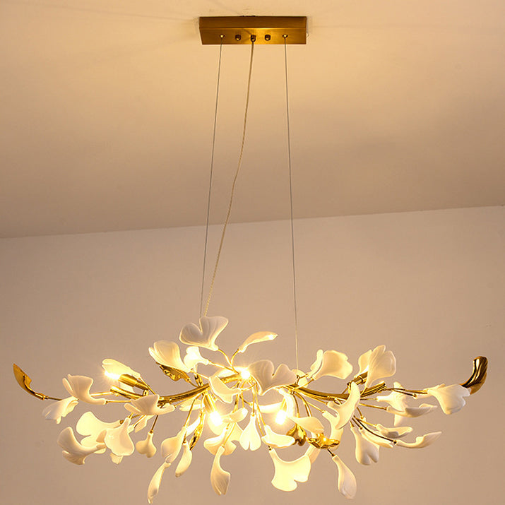 Traditional French Ginkgo Leaf Dome Rectangle Top Round Linear Iron Ceramic 6/8/10/12 Light Chandelier For Bedroom
