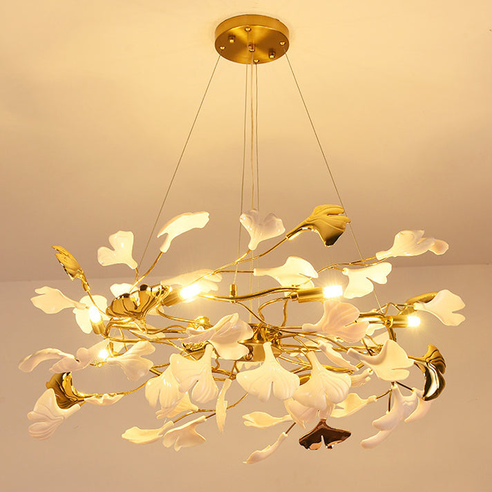 Traditional French Ginkgo Leaf Dome Rectangle Top Round Linear Iron Ceramic 6/8/10/12 Light Chandelier For Bedroom