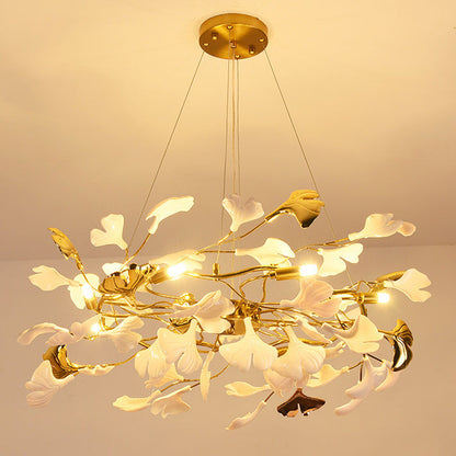 Traditional French Ginkgo Leaf Dome Rectangle Top Round Linear Iron Ceramic 6/8/10/12 Light Chandelier For Bedroom