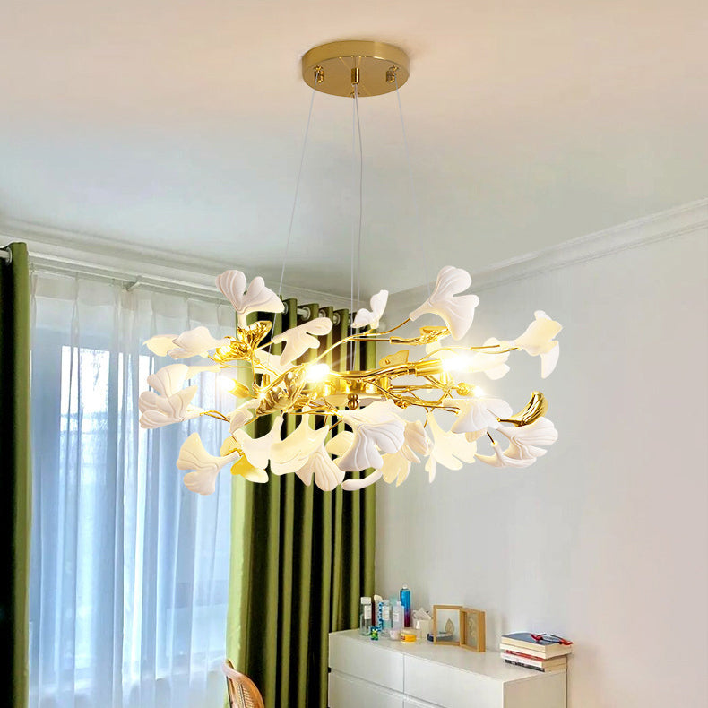 Traditional French Ginkgo Leaf Dome Rectangle Top Round Linear Iron Ceramic 6/8/10/12 Light Chandelier For Bedroom