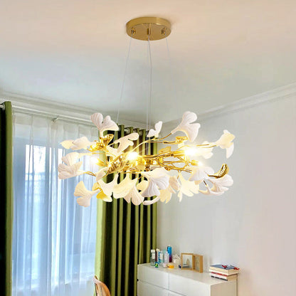Traditional French Ginkgo Leaf Dome Rectangle Top Round Linear Iron Ceramic 6/8/10/12 Light Chandelier For Bedroom