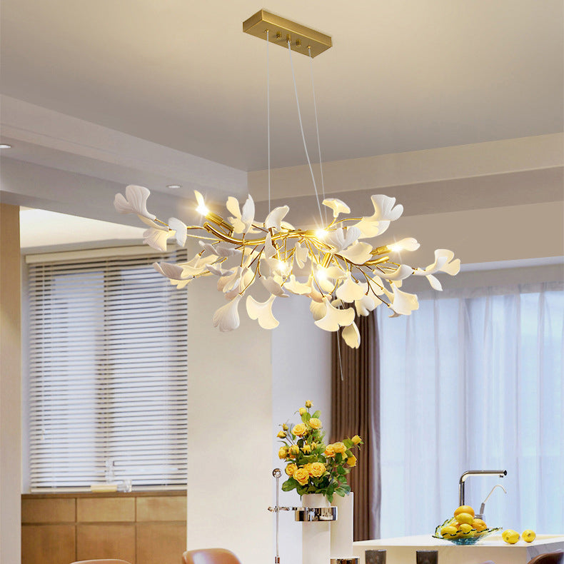 Traditional French Ginkgo Leaf Dome Rectangle Top Round Linear Iron Ceramic 6/8/10/12 Light Chandelier For Bedroom