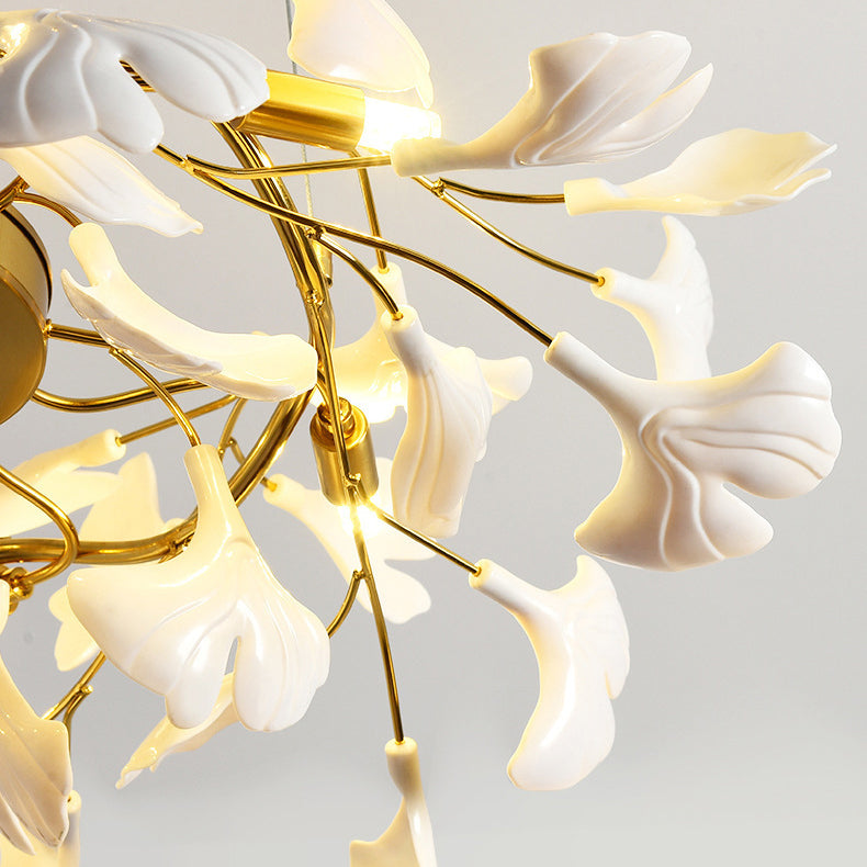 Traditional French Ginkgo Leaf Dome Rectangle Top Round Linear Iron Ceramic 6/8/10/12 Light Chandelier For Bedroom