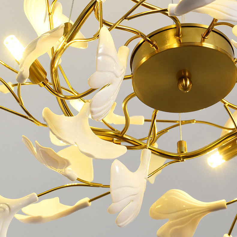 Traditional French Ginkgo Leaf Dome Rectangle Top Round Linear Iron Ceramic 6/8/10/12 Light Chandelier For Bedroom