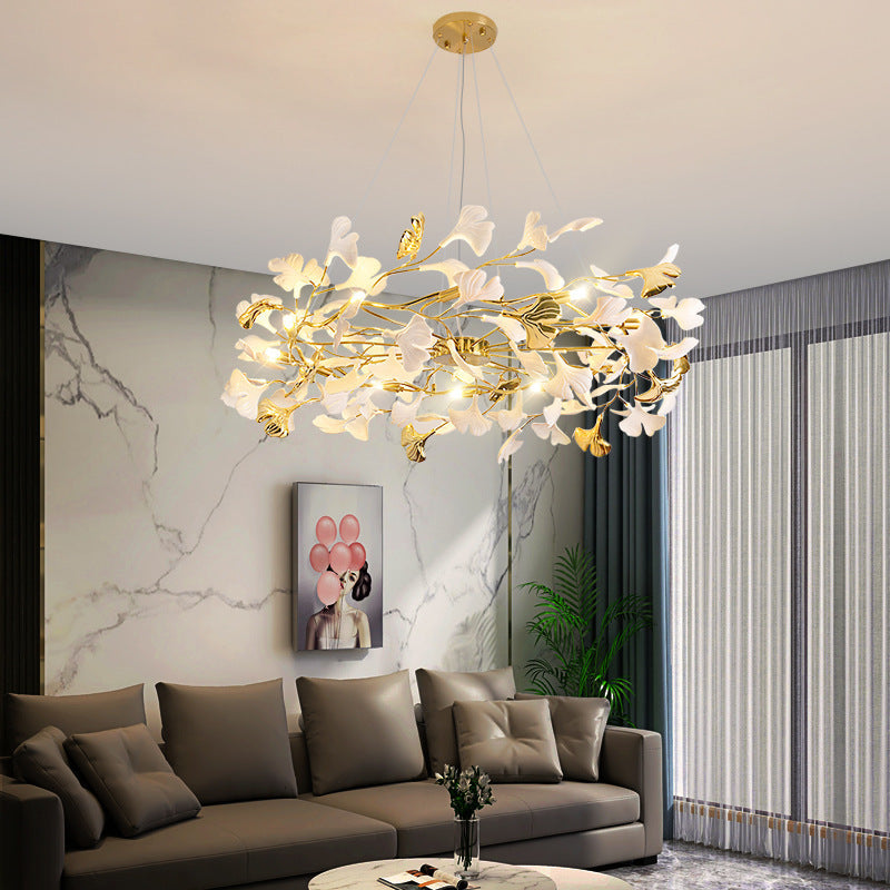 Traditional French Ginkgo Leaf Dome Rectangle Top Round Linear Iron Ceramic 6/8/10/12 Light Chandelier For Bedroom
