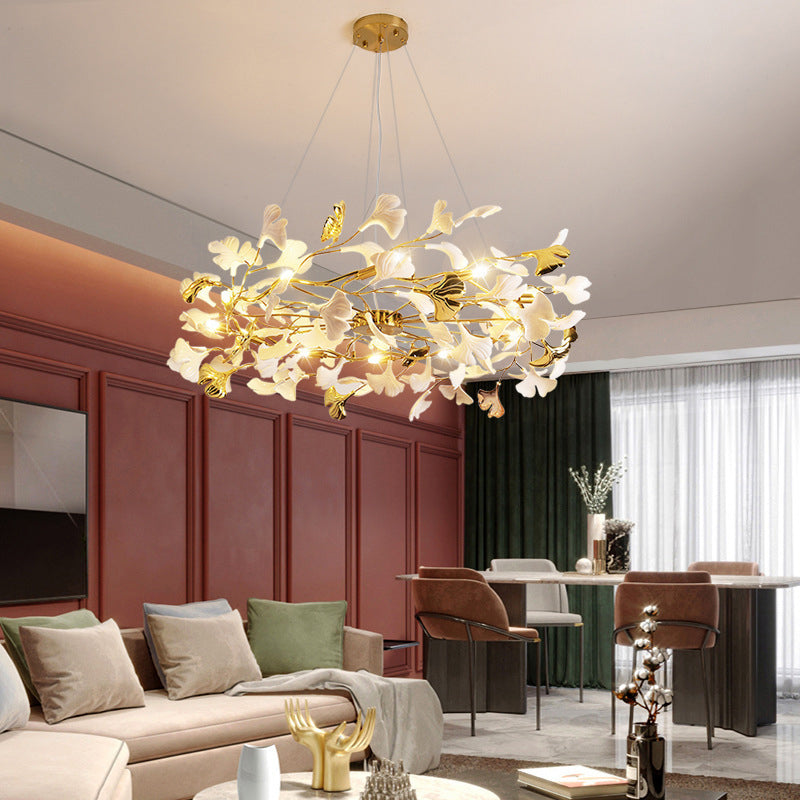 Traditional French Ginkgo Leaf Dome Rectangle Top Round Linear Iron Ceramic 6/8/10/12 Light Chandelier For Bedroom