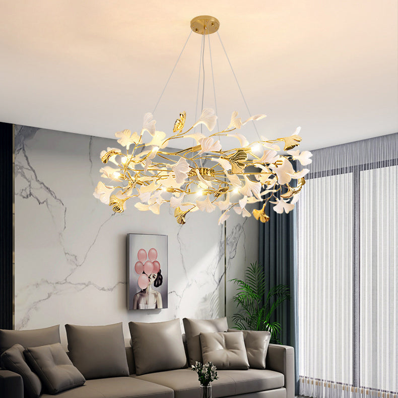 Traditional French Ginkgo Leaf Dome Rectangle Top Round Linear Iron Ceramic 6/8/10/12 Light Chandelier For Bedroom
