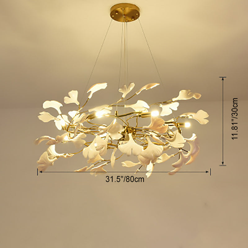Traditional French Ginkgo Leaf Dome Rectangle Top Round Linear Iron Ceramic 6/8/10/12 Light Chandelier For Bedroom
