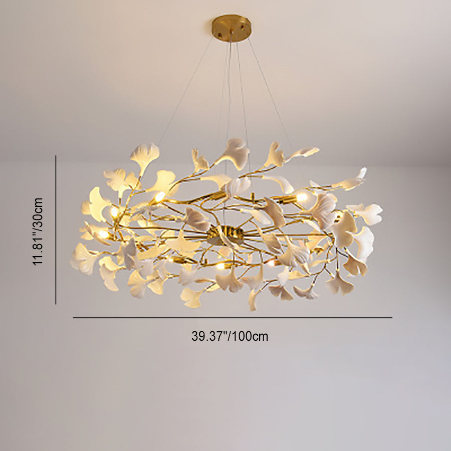 Traditional French Ginkgo Leaf Dome Rectangle Top Round Linear Iron Ceramic 6/8/10/12 Light Chandelier For Bedroom