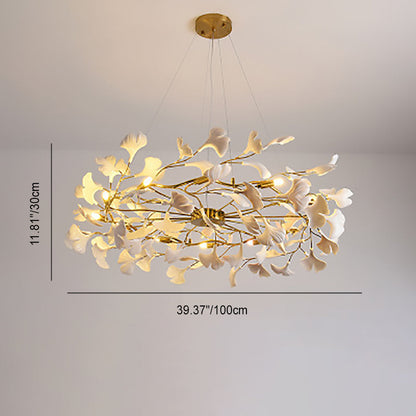 Traditional French Ginkgo Leaf Dome Rectangle Top Round Linear Iron Ceramic 6/8/10/12 Light Chandelier For Bedroom