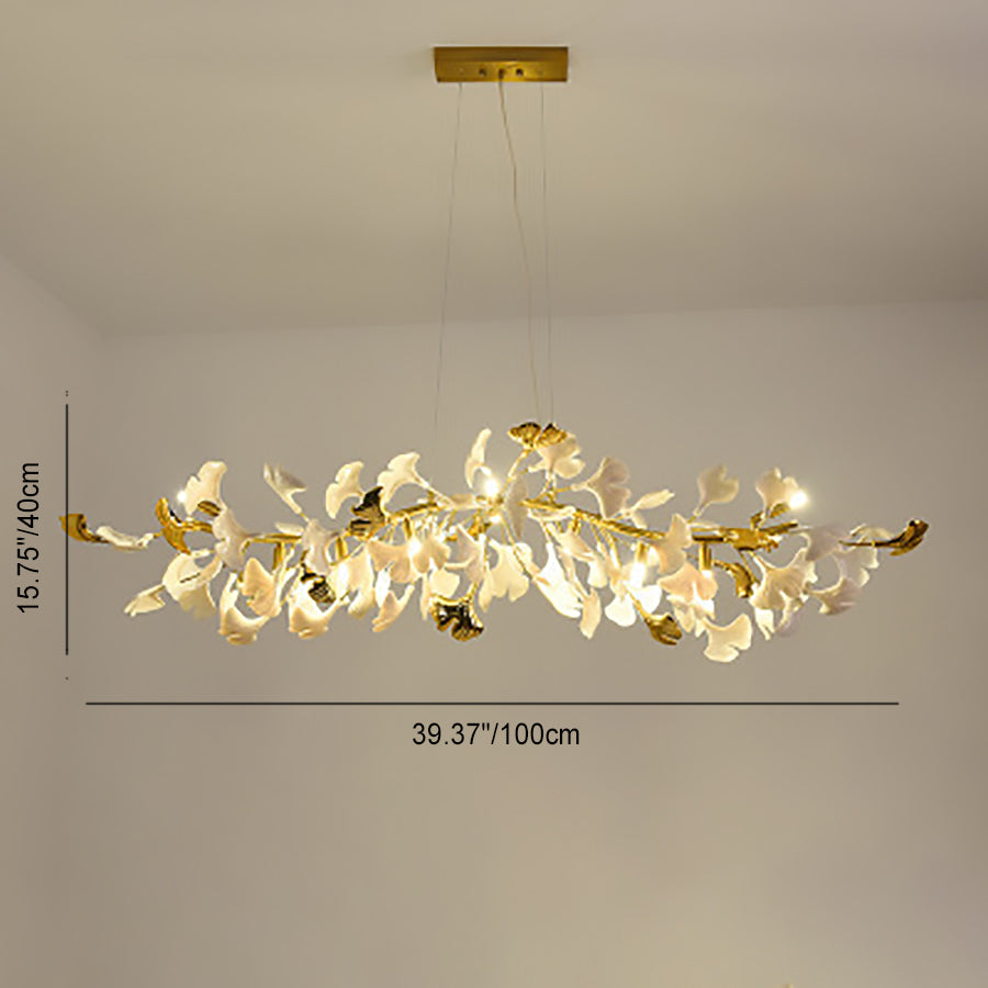 Traditional French Ginkgo Leaf Dome Rectangle Top Round Linear Iron Ceramic 6/8/10/12 Light Chandelier For Bedroom
