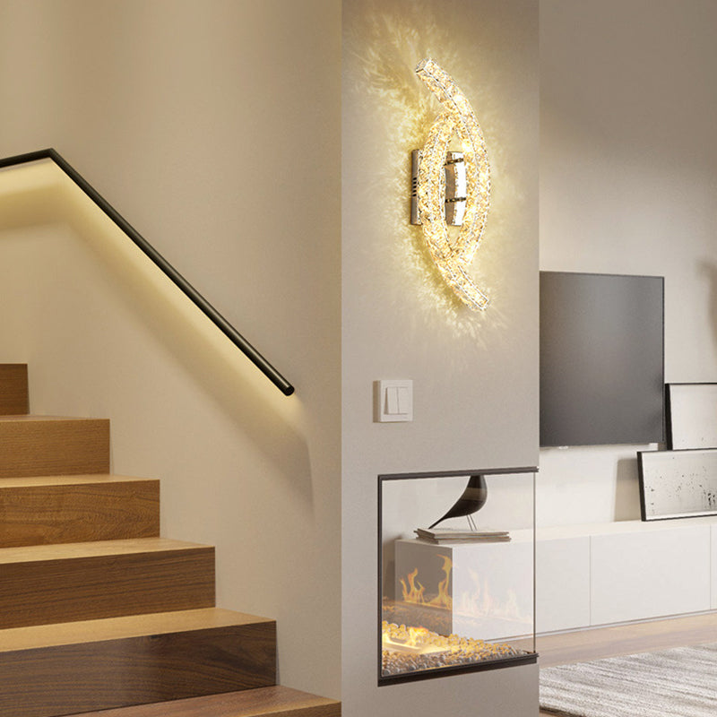 Modern Luxury Double Arc Stainless Steel Crystal LED Wall Sconce Lamp For Bedroom