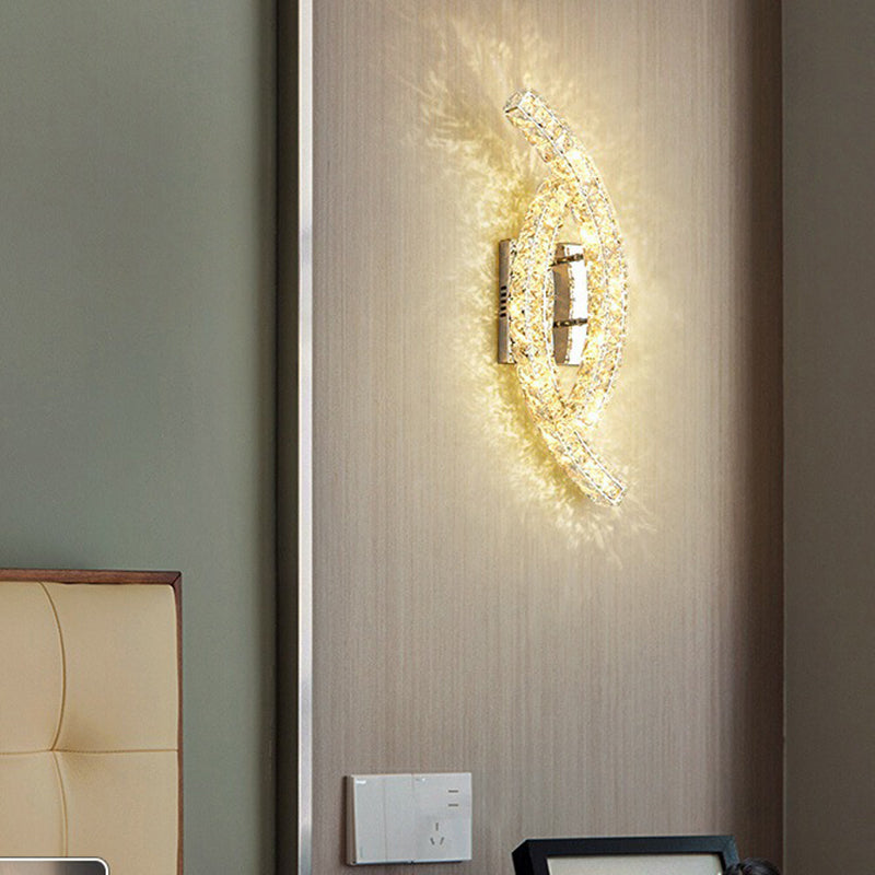 Modern Luxury Double Arc Stainless Steel Crystal LED Wall Sconce Lamp For Bedroom