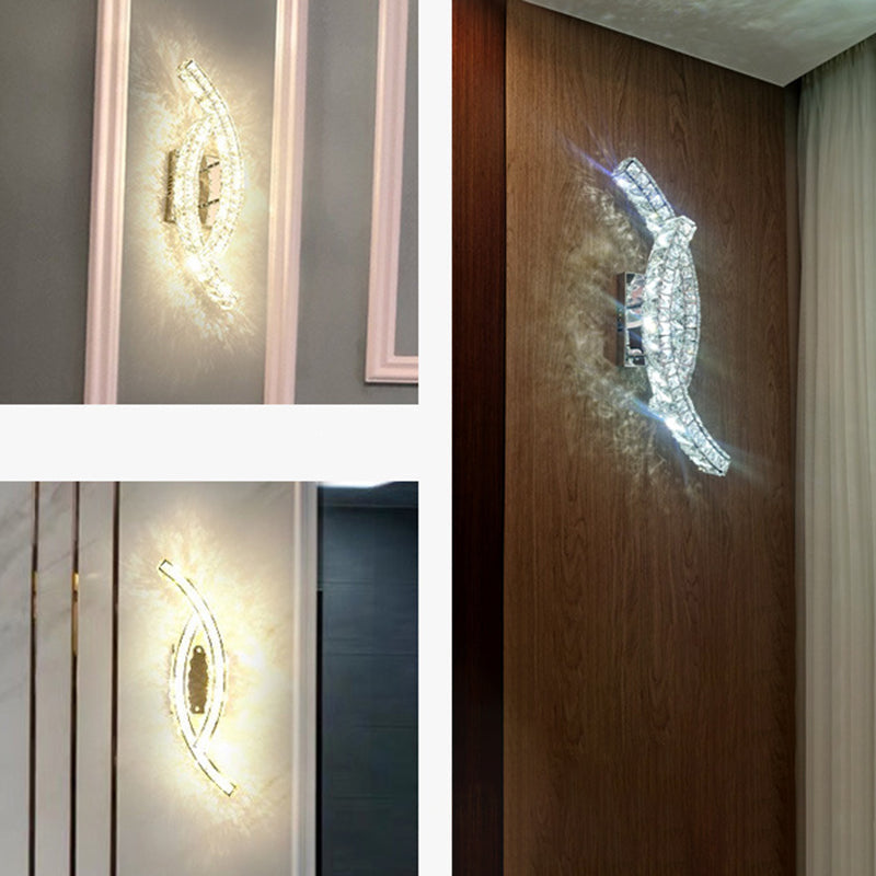 Modern Luxury Double Arc Stainless Steel Crystal LED Wall Sconce Lamp For Bedroom