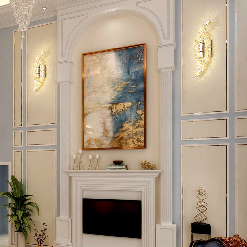 Modern Luxury Double Arc Stainless Steel Crystal LED Wall Sconce Lamp For Bedroom