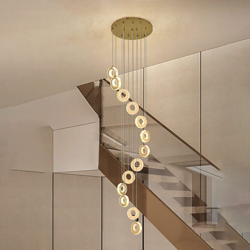 Modern Luxury Round Circle Staggered Rotating Stainless Steel Crystal LED Chandelier For Living Room