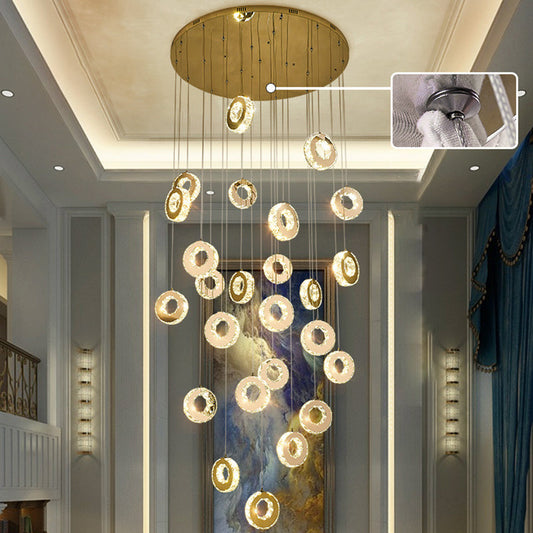 Modern Luxury Round Circle Staggered Rotating Stainless Steel Crystal LED Chandelier For Living Room