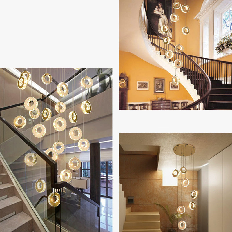 Modern Luxury Round Circle Staggered Rotating Stainless Steel Crystal LED Chandelier For Living Room