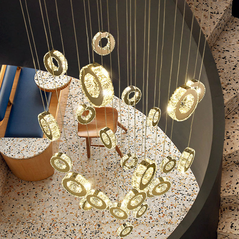 Modern Luxury Round Circle Staggered Rotating Stainless Steel Crystal LED Chandelier For Living Room