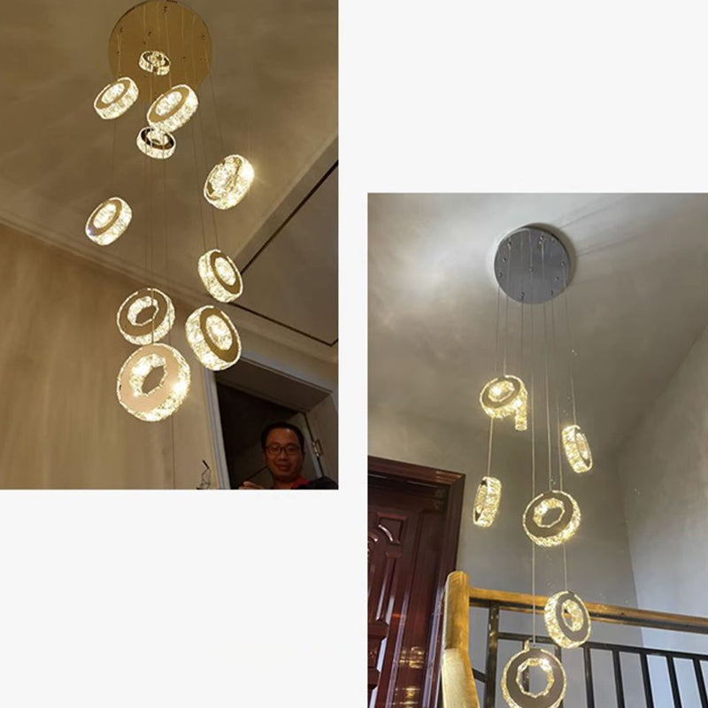 Modern Luxury Round Circle Staggered Rotating Stainless Steel Crystal LED Chandelier For Living Room