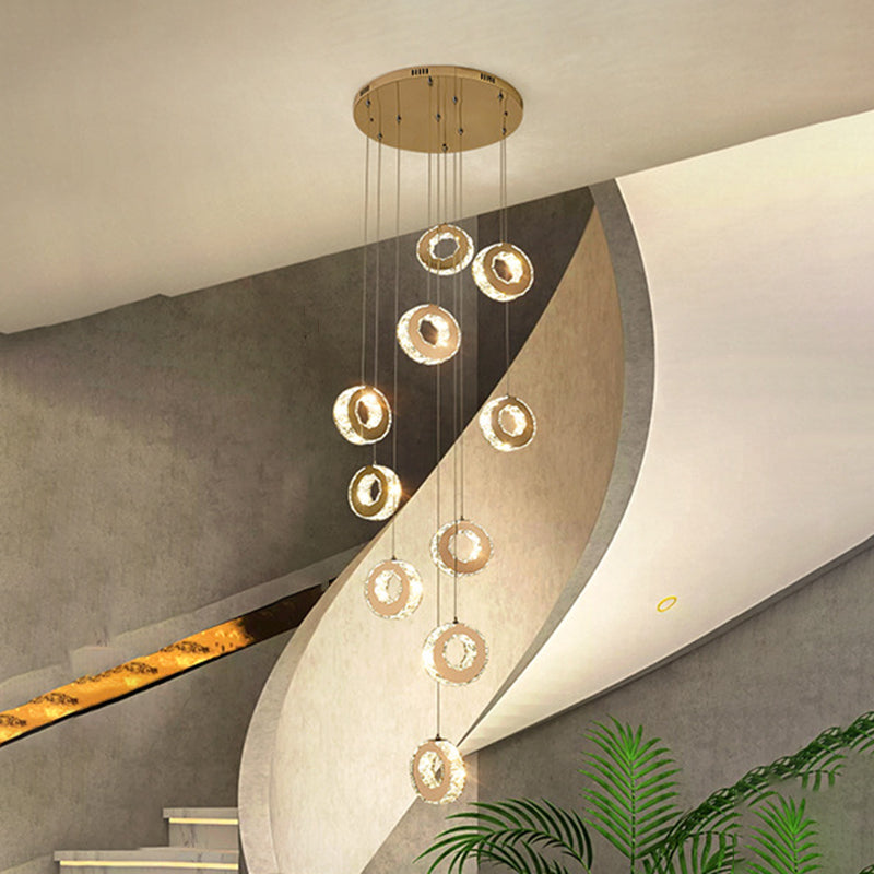Modern Luxury Round Circle Staggered Rotating Stainless Steel Crystal LED Chandelier For Living Room