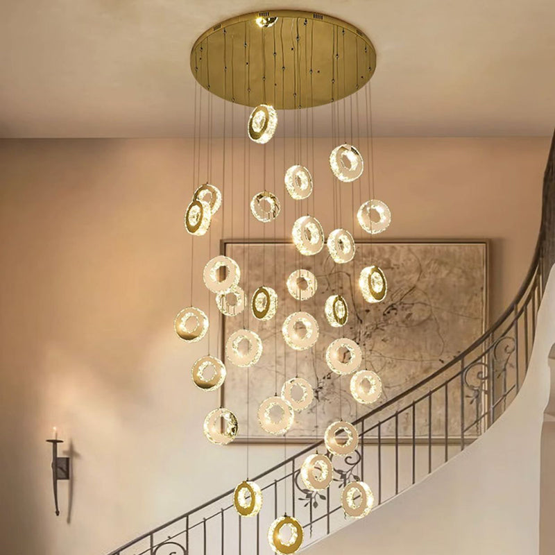 Modern Luxury Round Circle Staggered Rotating Stainless Steel Crystal LED Chandelier For Living Room