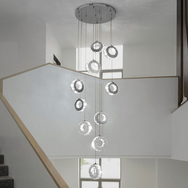 Modern Luxury Round Circle Staggered Rotating Stainless Steel Crystal LED Chandelier For Living Room