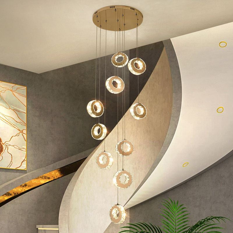 Modern Luxury Round Circle Staggered Rotating Stainless Steel Crystal LED Chandelier For Living Room