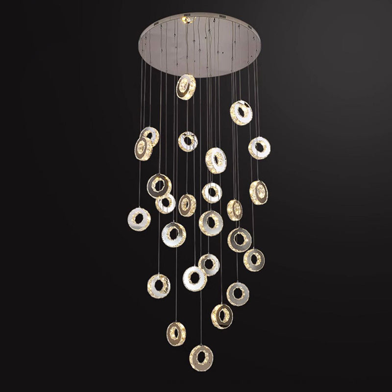 Modern Luxury Round Circle Staggered Rotating Stainless Steel Crystal LED Chandelier For Living Room