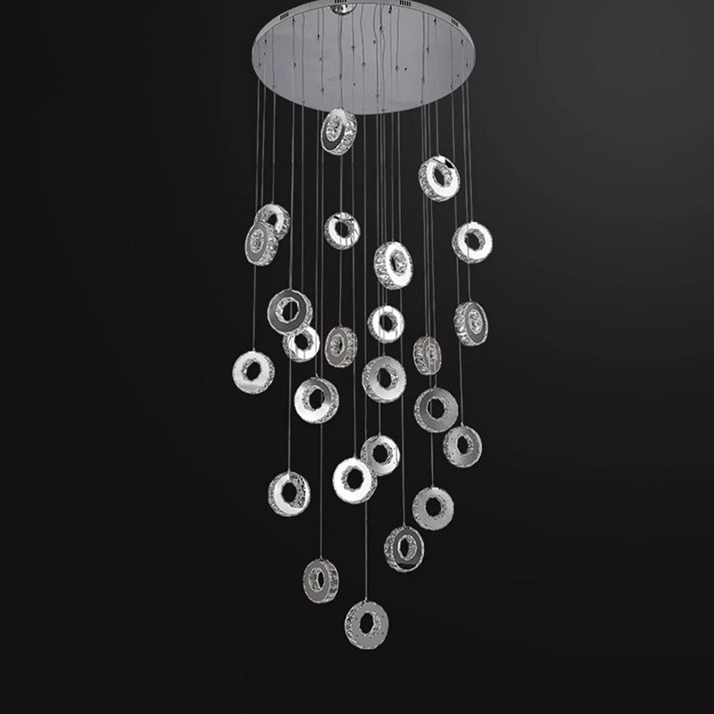 Modern Luxury Round Circle Staggered Rotating Stainless Steel Crystal LED Chandelier For Living Room