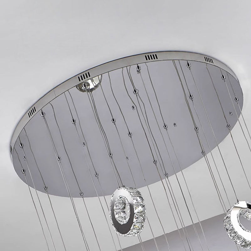 Modern Luxury Round Circle Staggered Rotating Stainless Steel Crystal LED Chandelier For Living Room