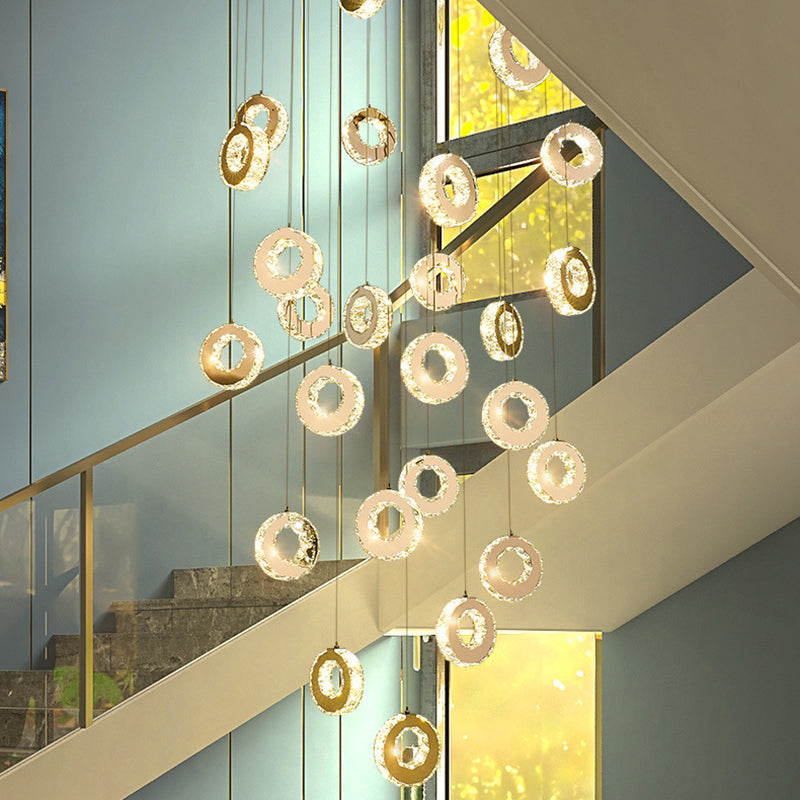 Modern Luxury Round Circle Staggered Rotating Stainless Steel Crystal LED Chandelier For Living Room