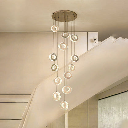 Modern Luxury Round Circle Staggered Rotating Stainless Steel Crystal LED Chandelier For Living Room