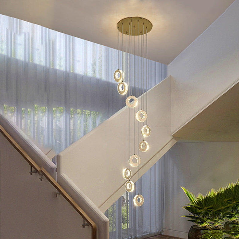 Modern Luxury Round Circle Staggered Rotating Stainless Steel Crystal LED Chandelier For Living Room