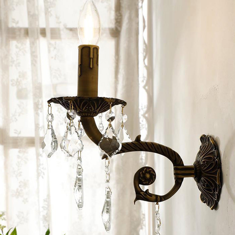 Traditional Vintage Twig Candle Shaped Copper Crystal 1-Light Wall Sconce Lamp For Bedroom