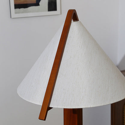Traditional Vintage Round Cone Teak Cotton Fabric 1-Light Standing Floor Lamp For Living Room