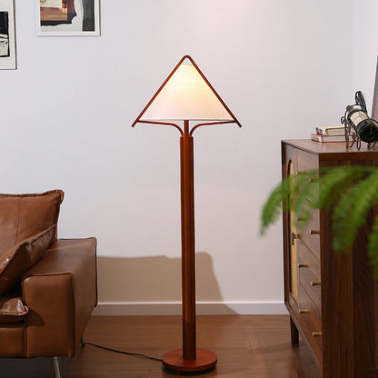 Traditional Vintage Round Cone Teak Cotton Fabric 1-Light Standing Floor Lamp For Living Room