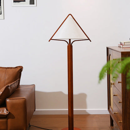 Traditional Vintage Round Cone Teak Cotton Fabric 1-Light Standing Floor Lamp For Living Room