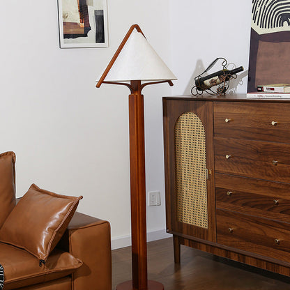 Traditional Vintage Round Cone Teak Cotton Fabric 1-Light Standing Floor Lamp For Living Room